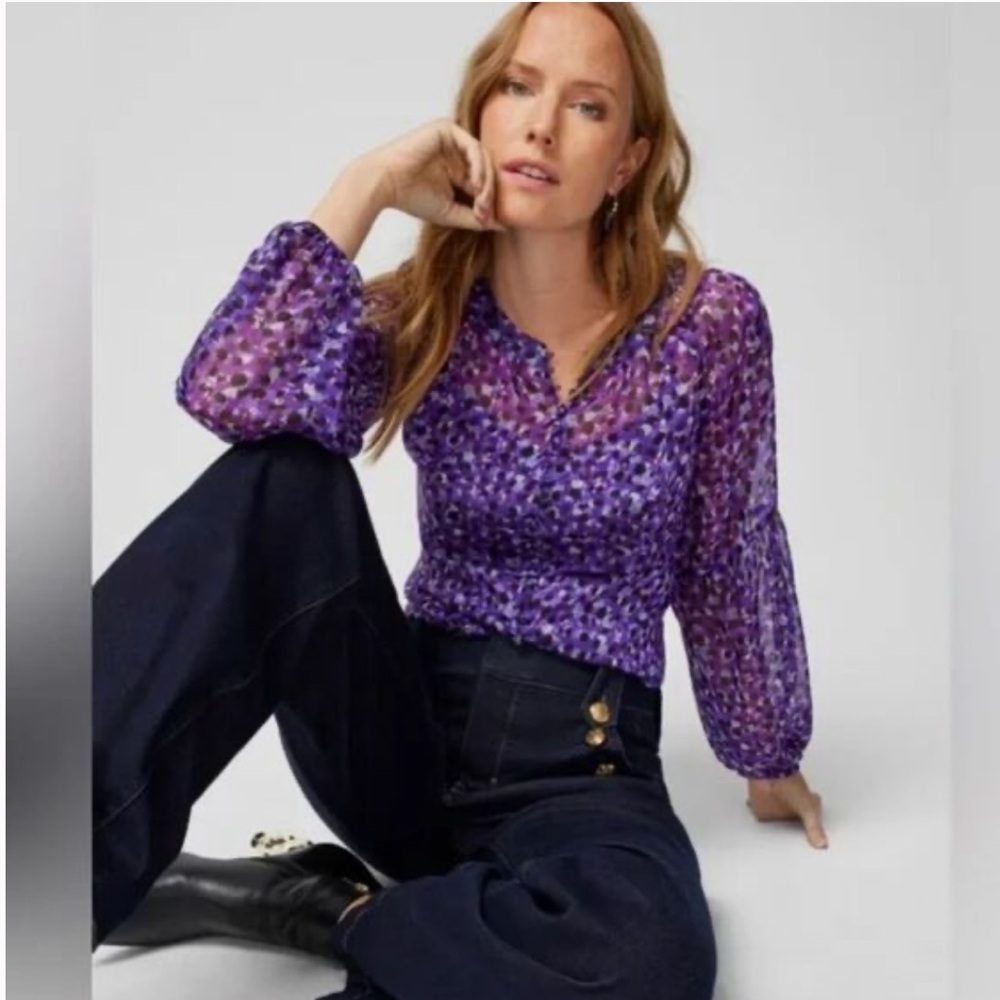White House Black Market Purple & Gold Dot Button Sheer Blouse Women’s XS